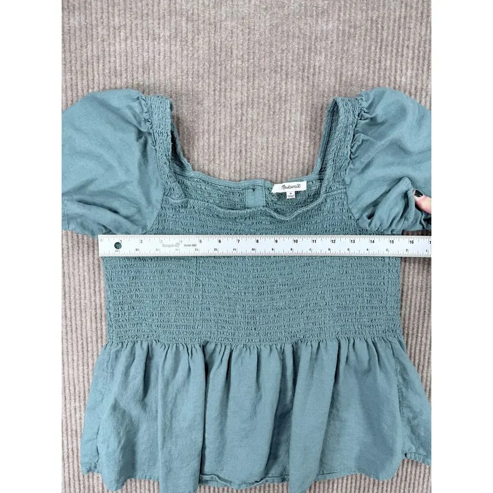 Madewell Lucie Linen Blend Smocked Peplum Top Faded Shale Green Size M